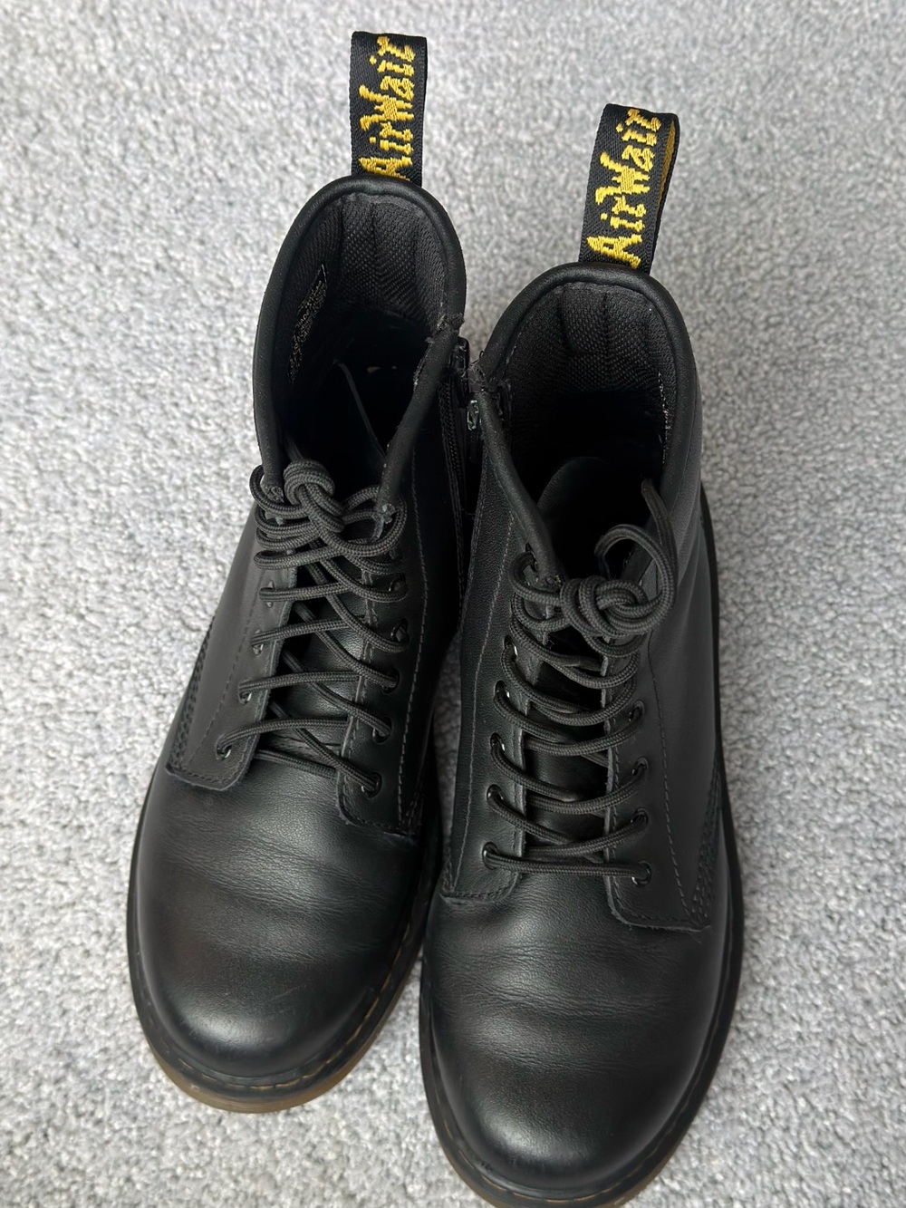 Dr. Martens Black Leather Lace-Up Ankle Boots with Yellow Heel Loop